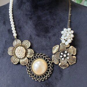 Womens White Beige Faux Pearl Gold Tone Magnolia Flowers Necklace with Lobster